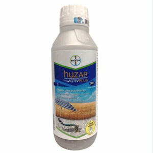 a white bottle with a label HUZAR ACTIV PLUS BAYER